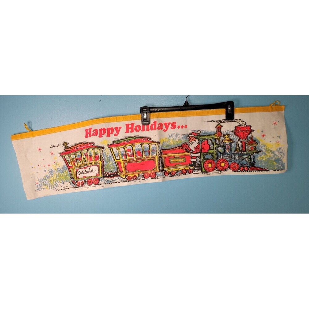 Vintage Neon Happy Holidays Santa's Special Train Fabric Banner